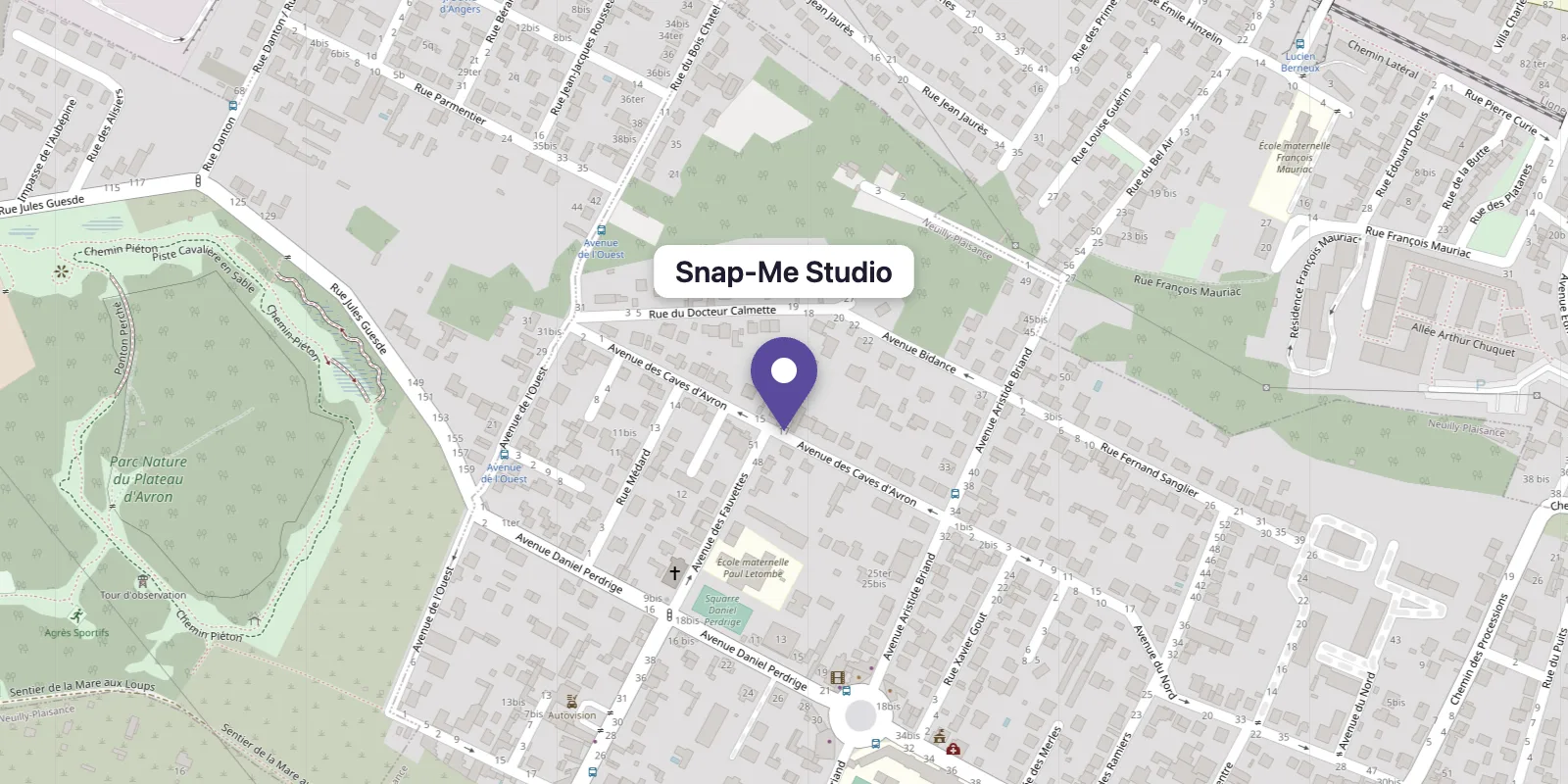 Plan d'accès : le studio Snap-Me se trouve 17 avenue des Caves d'Avron, 93360 Neuilly-Plaisance